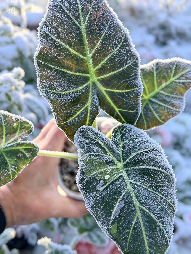 Frost settling on Alocasia leaves outdoors, the cold that dormant Alocasia need protecting from