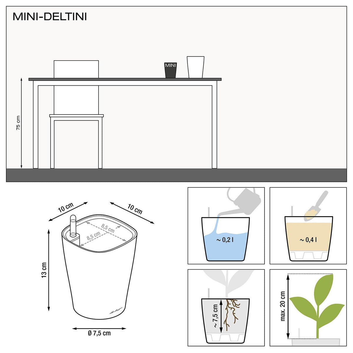 LECHUZA Mini Deltini, a small self-watering planter with water level indicator and 0.4L reservoir