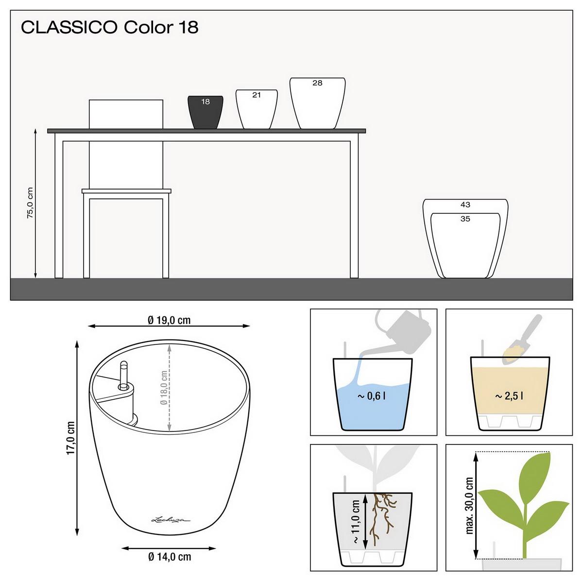 Lechuza Classico Color 18, a 2.5L self-watering planter with a water level indicator