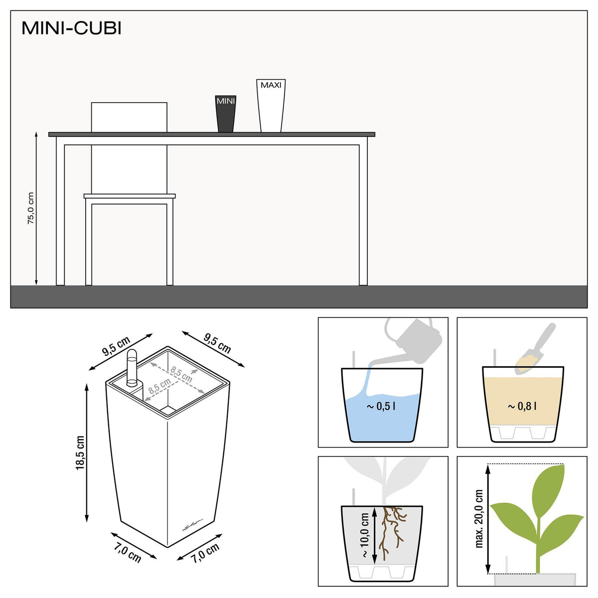 LECHUZA Mini Cubi, a compact self-watering planter with water level indicator and 0.8L reservoir