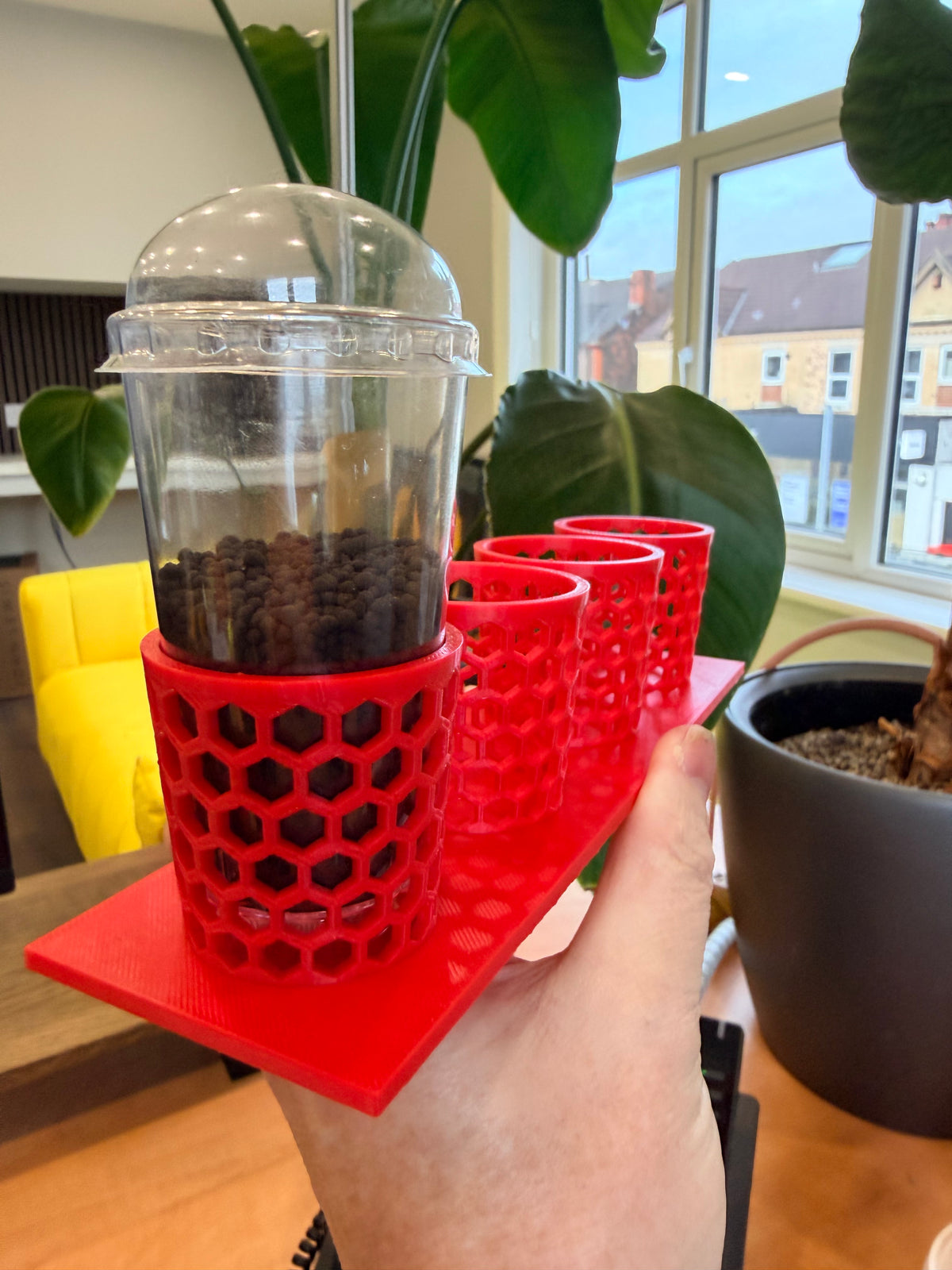 Corm Keeper, a 3D-printed rack holding four corm propagation pots stable and upright