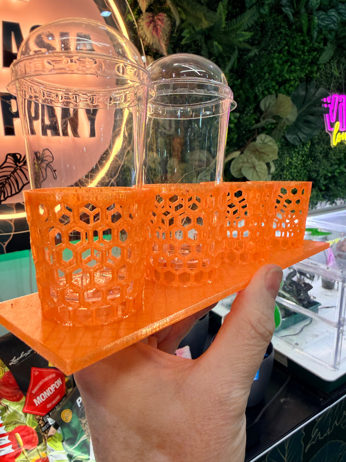 Corm Keeper, a 3D-printed rack holding four corm propagation pots stable and upright