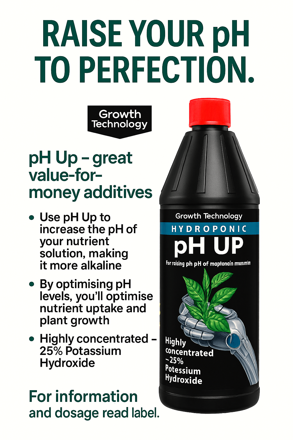 Growth Technology pH Up, a bottle of solution for raising the pH of nutrient feeds