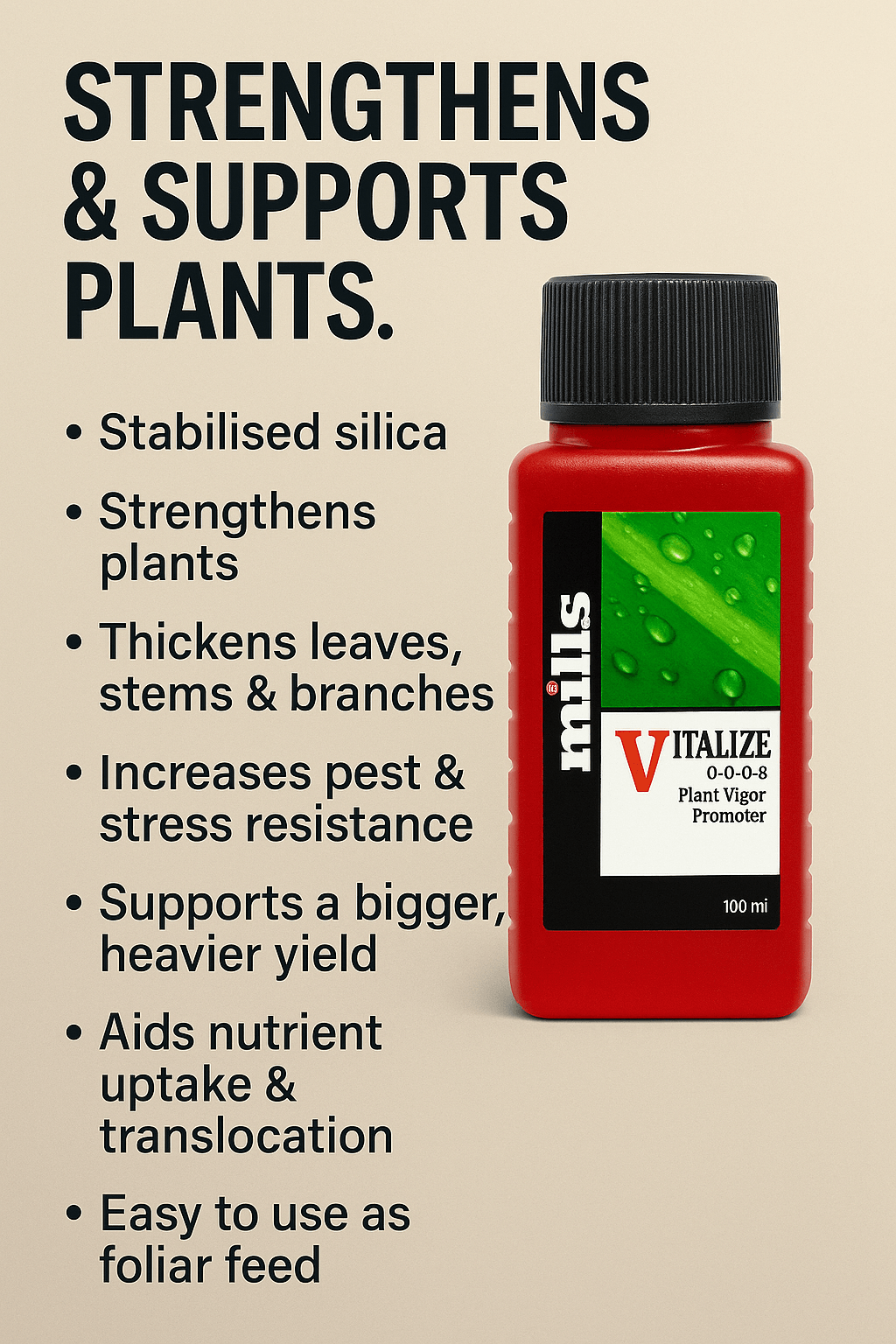 Mills Vitalize, a bottle of stabilised silicic acid supplement that fortifies plant cell walls