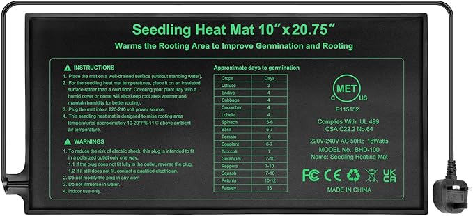 Heat Mat Pad, a waterproof 18 watt seedling propagation heater sized for 1020 trays