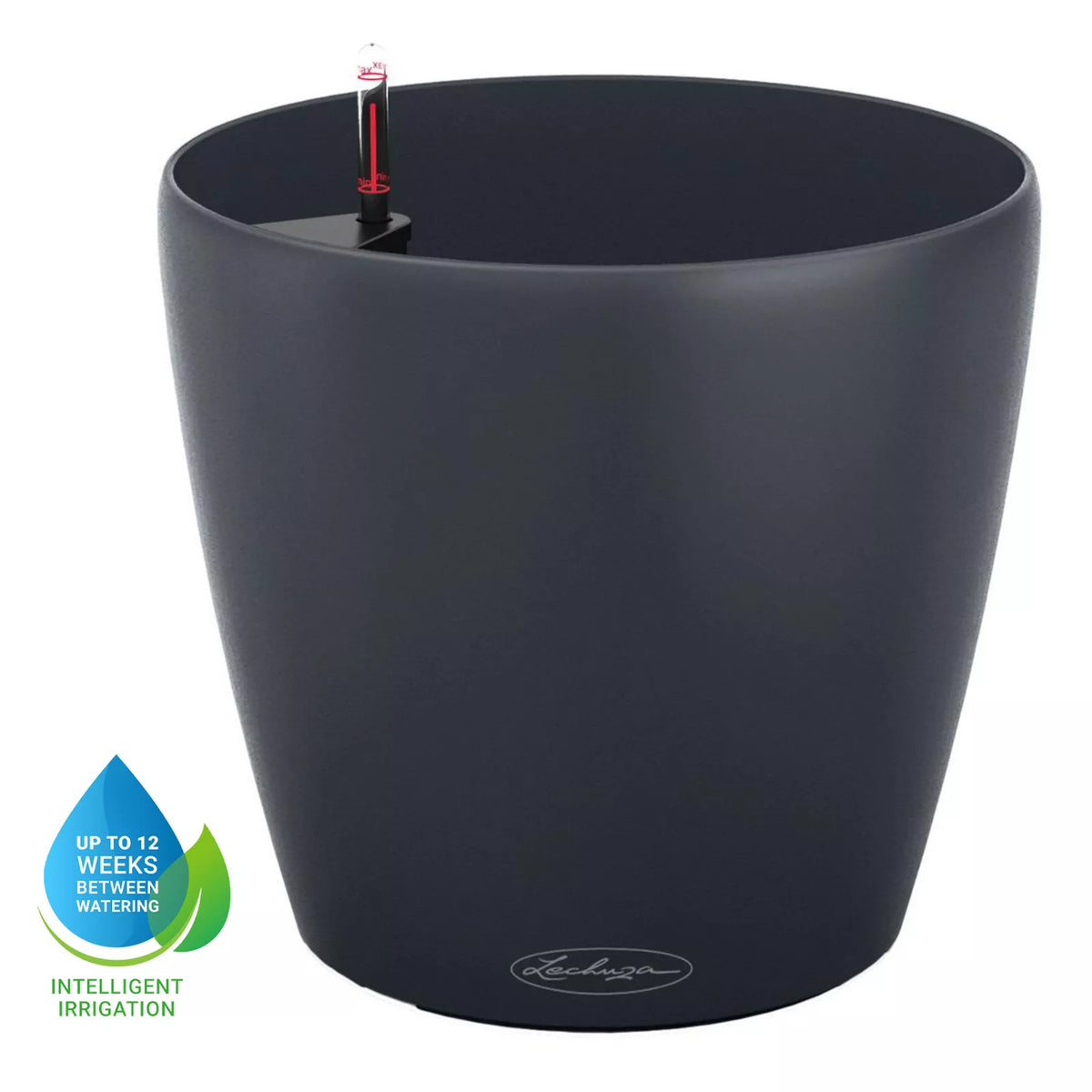 Lechuza Classico Color 18, a 2.5L self-watering planter with a water level indicator